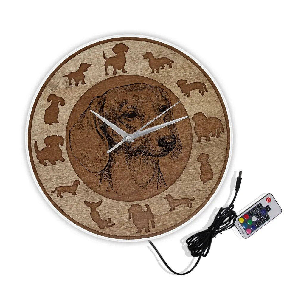 Dachshund Dog Art Wood Texture Acrylic Printed Wall Clock Silent Non-ticking Wall Watch Sausage Puppy Home Decor Weiner Dog Gift