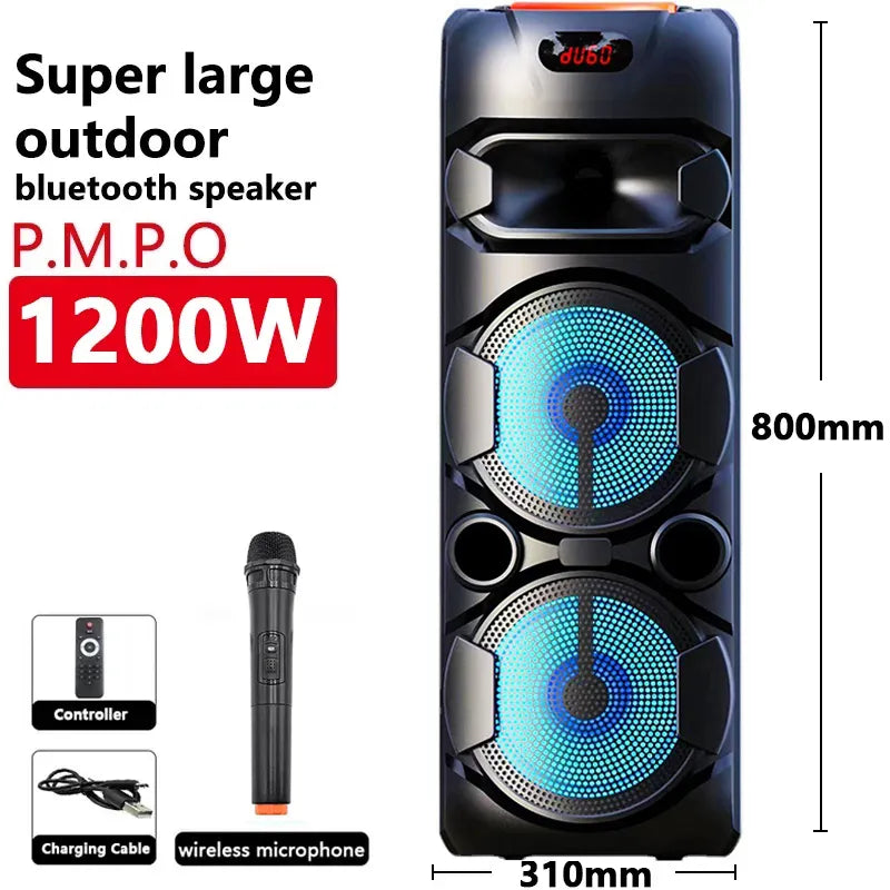 Peak Power 1200W Super Large Outdoor Bluetooth Speaker 8 Inch Double Horn Subwoofer Portable Wireless Column Bass Sound with Mic