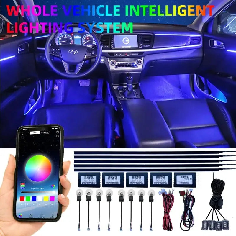 6in1 Car Interior Acrylic Guide Fiber Strip 18 in 1 Backlight Car Ambient Lights RBG 64 Color Decoration Atmosphere Lamp