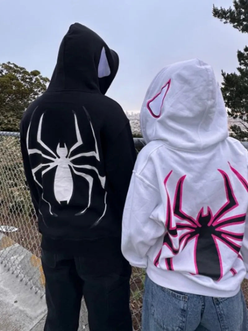 Gothic Spider Print Hoodies Y2K Retro Long Sleeve Full Zip Sweatshirt