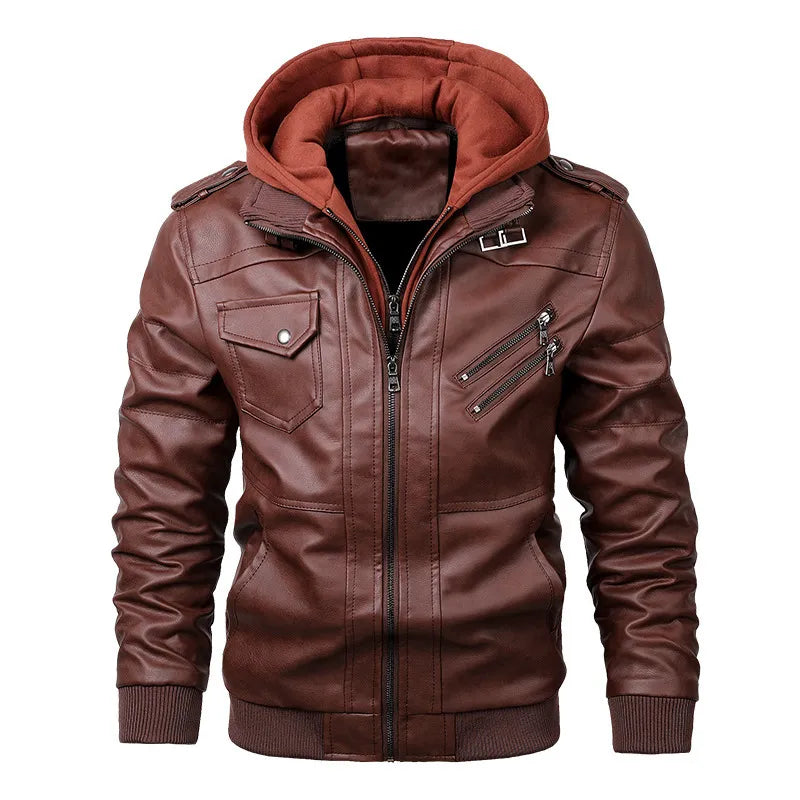 Leather Jackets For Men Casual Cowhide PU Leather Hooded Autumn Winter Coats Male Warm Vintage Motorcycle Punk Overcoats