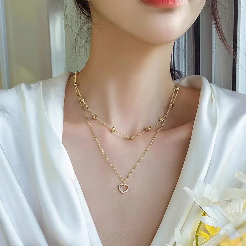 14k Plated Gold Double Layer Heart Necklace Shining Bling AAA Zircon Women Clavicle Chain Elegant Charm Wedding Pendant Jewelry