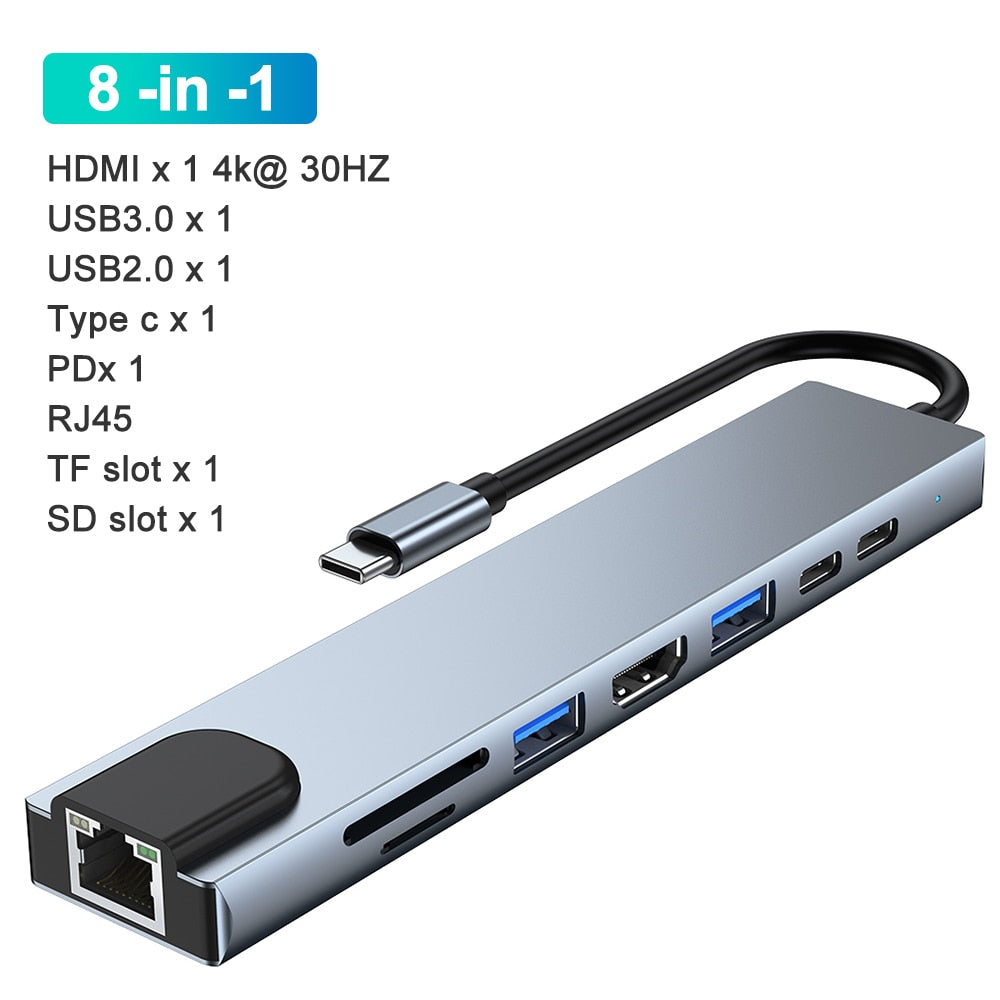 محطة إرساء Usb c Usb Hub 3 0 Type C إلى Multi Usbc 3.0 Splitter Otg Hdmi RJ45 Micro Sd قارئ البطاقات محطة قاعدة لأجهزة الكمبيوتر المحمول