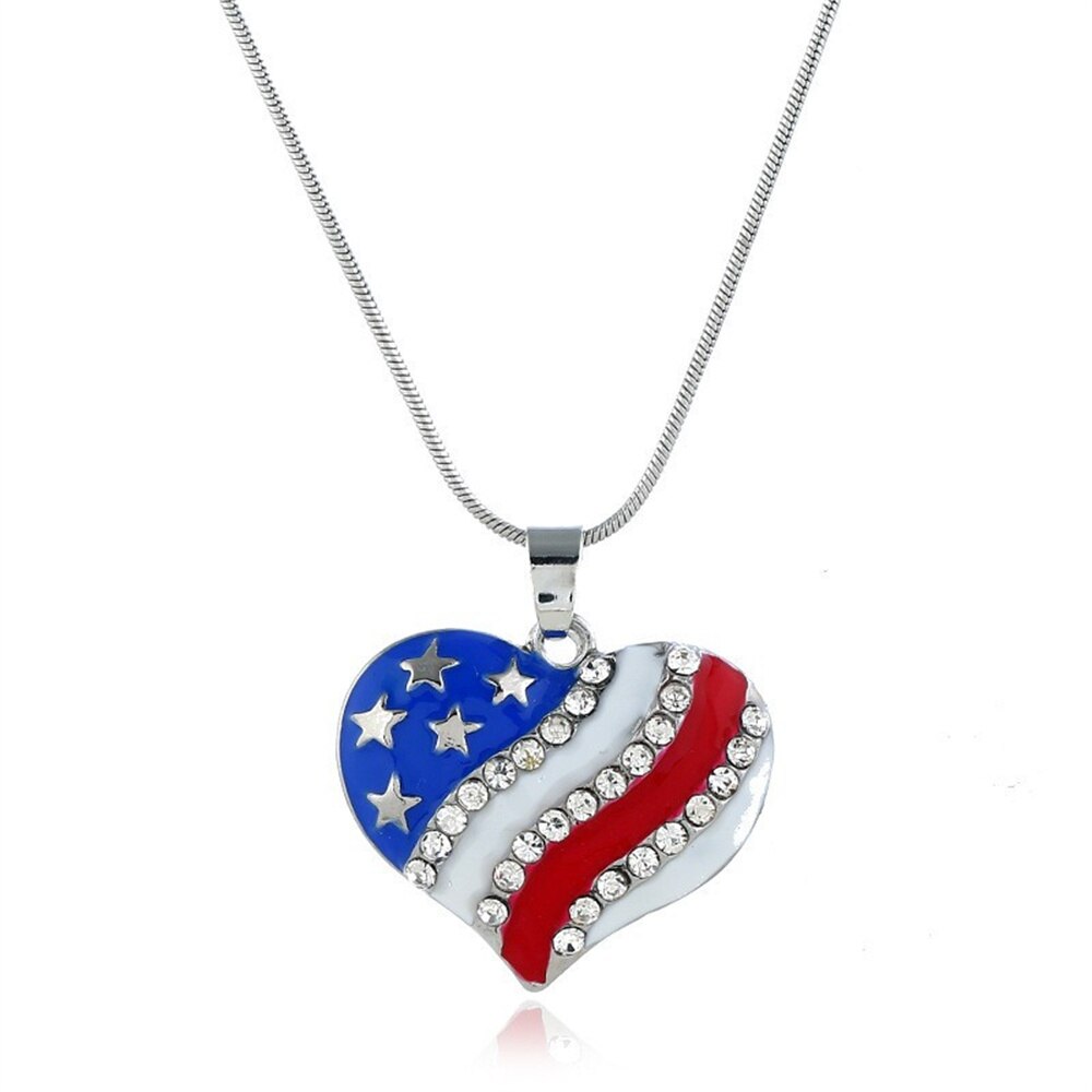 USA Labor Day American Flag Enamel Blue & Red Crystal Rhinestone Heart Patriotic Independence Day Pendant Necklaces