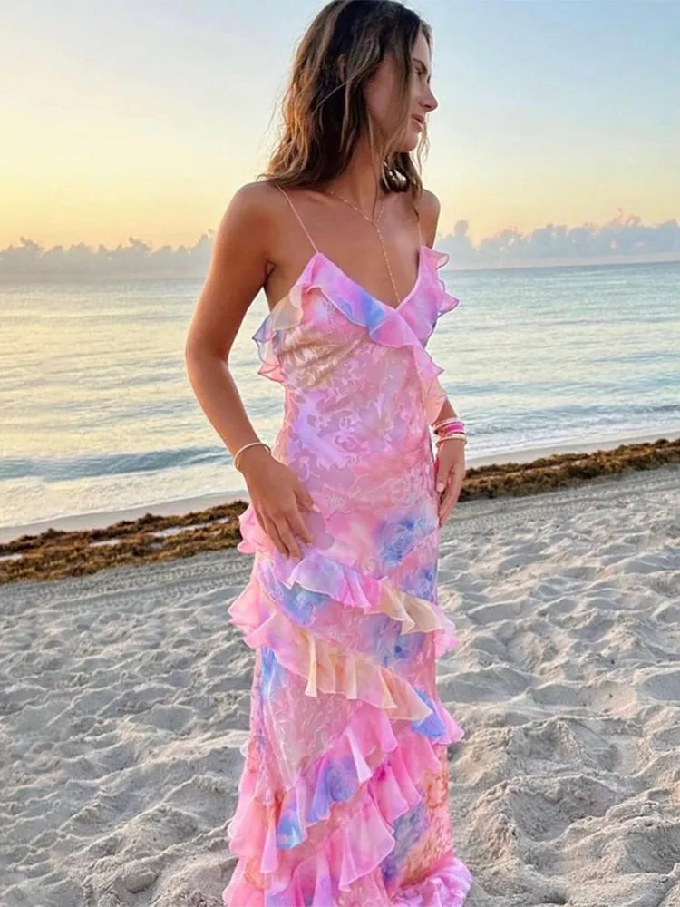 Pink Chiffon Ruffle Sling Maxi Dress Tierred Women Chic Sweet Sleeveless V Neck Holiday Robe 2024 Spring Lady Beach Vestidos