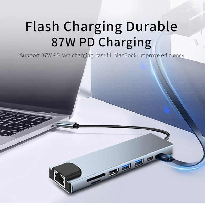 USB C Hub 8 In 1 Type C 3.1 To 4K HDMI Adapter with RJ45 SD/TF Card Reader PD Fast Charge for MacBook Notebook Laptop Computer