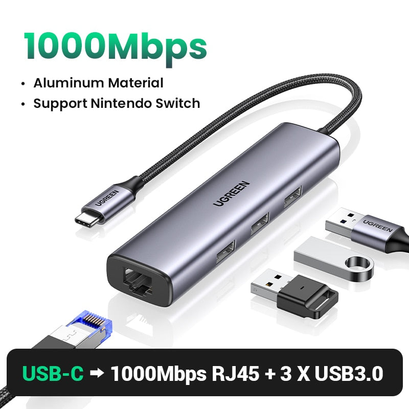 UGREEN USB Ethernet Adapter 1000/100Mbps USB3.0 HUB RJ45 Lan for Laptop PC Xiaomi Mi Box Macbook Windows USB-C HUB Network Card