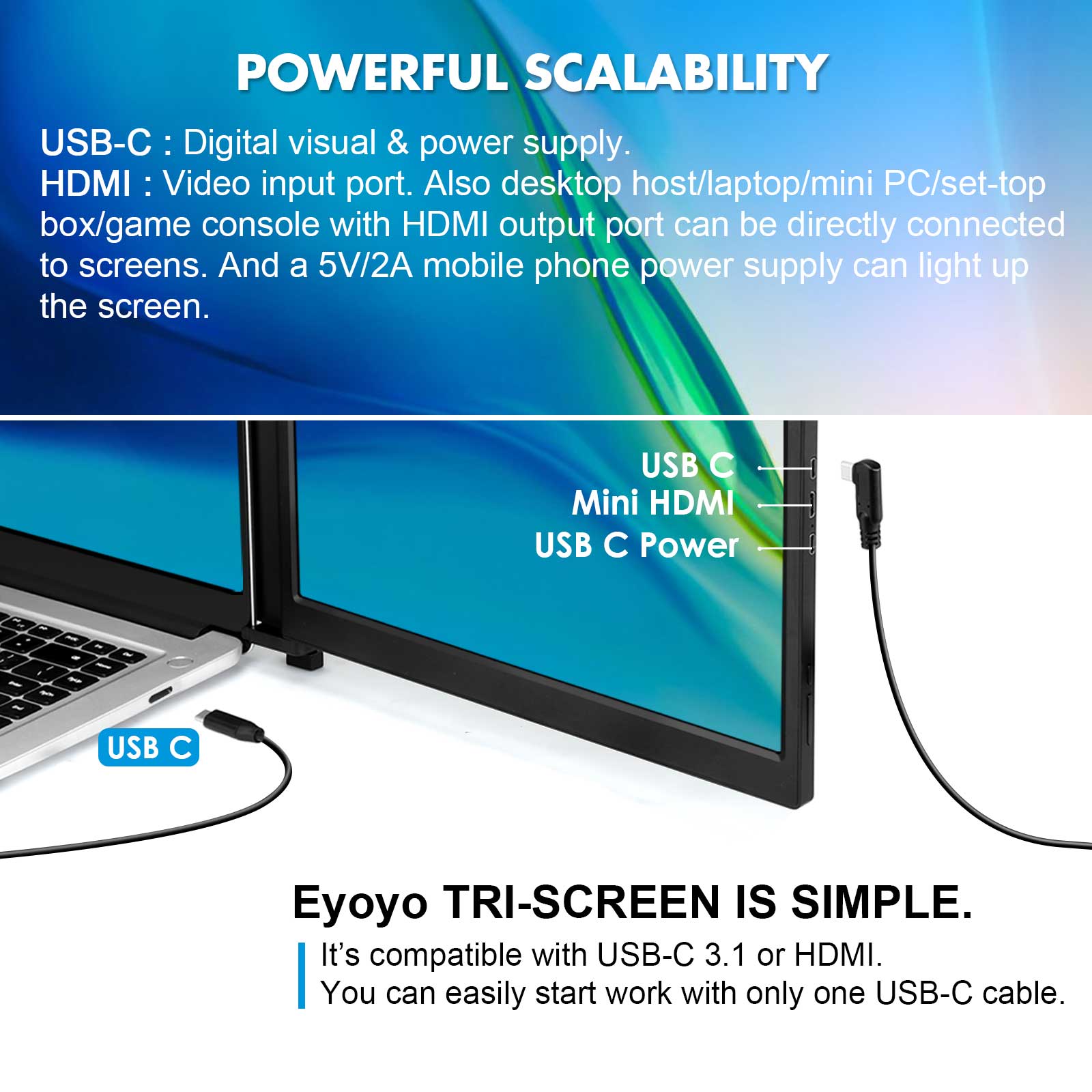 Eyoyo Portable Dual Screen USB-C Gaming Monitor 13.3 Inch HDR 1920x1080P IPS Second Display for Triple Laptop Computer Extender