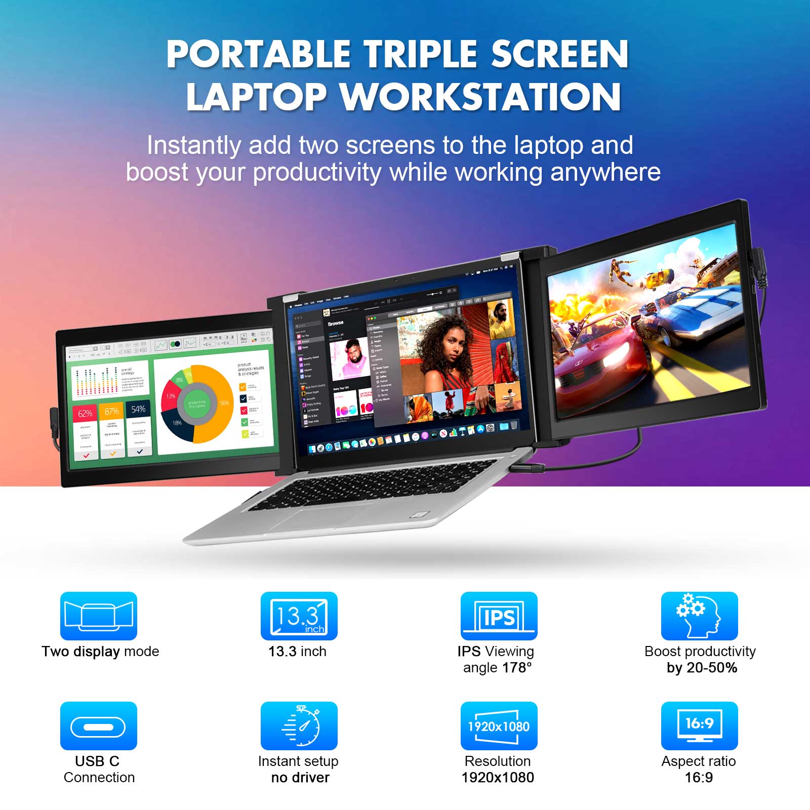 Eyoyo Portable Dual Screen USB-C Gaming Monitor 13.3 Inch HDR 1920x1080P IPS Second Display for Triple Laptop Computer Extender