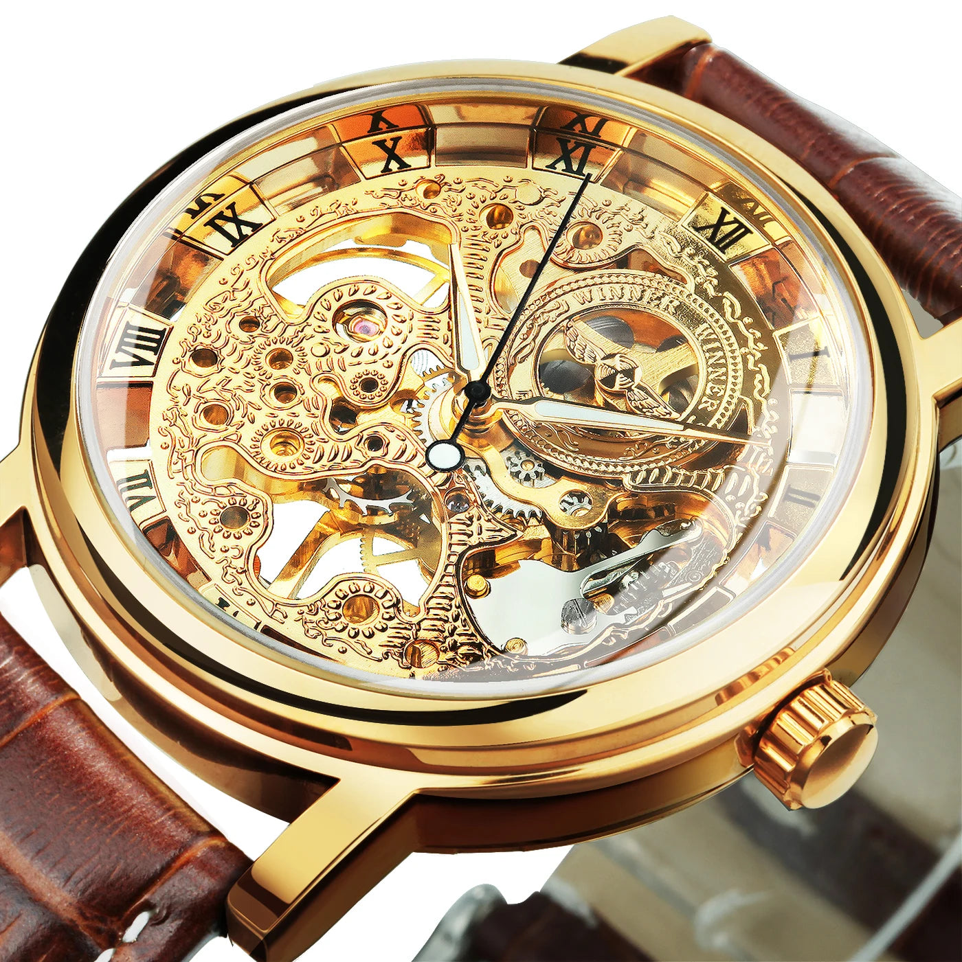 Winner Transparent Luxury Skeleton Mechanical Watches Casual Leather Strap Gold Watch for Men Luminous Hands Retro Wristwatches
