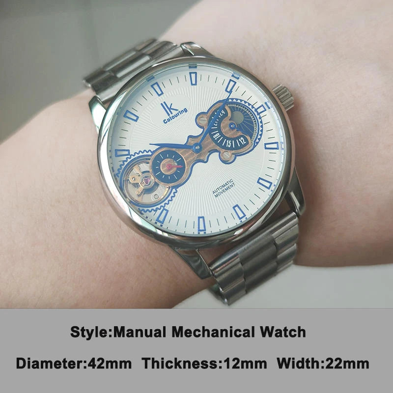 IK Colouring Mechanical Watches Man Luxury Hand Wind Skeleton Watch for Men Waterproof Stainless Steel Wristwatches