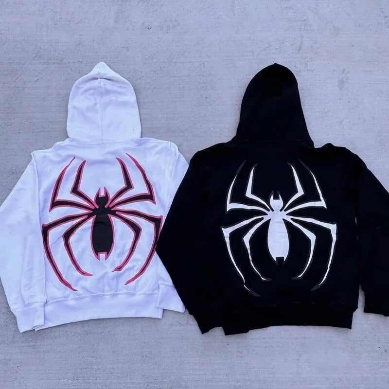 Gothic Spider Print Hoodies Y2K Retro Long Sleeve Full Zip Sweatshirt