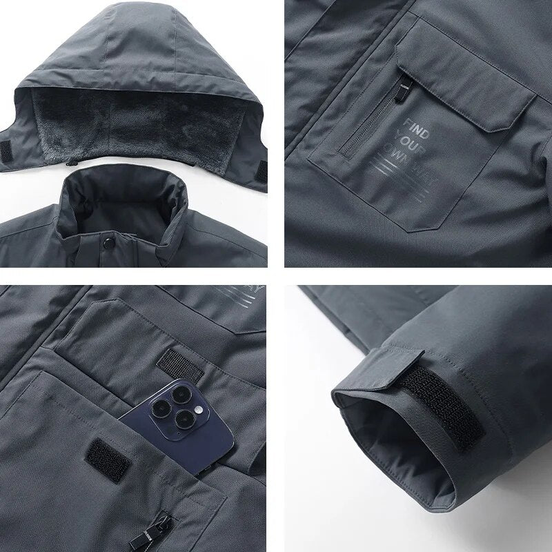 2023 Winter Men Outdoor Windproof Waterproof Hooded Cargo Jackets Men Winter Warm Multiple Pockets Detachable Hat Men Jackets