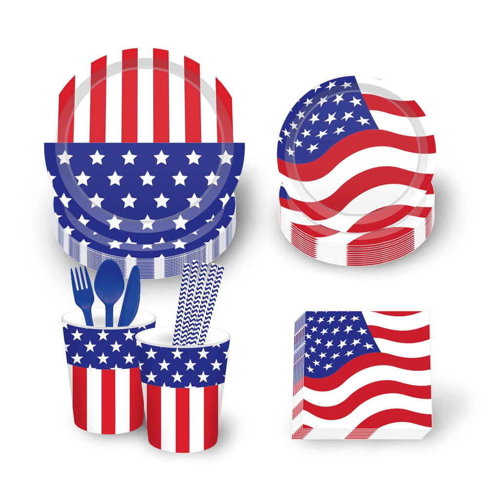 American Independence Day Party Paper Plates Cups Napkins Diet Supplies USA July 4th Theme Disposable Tableware Sets Decoration