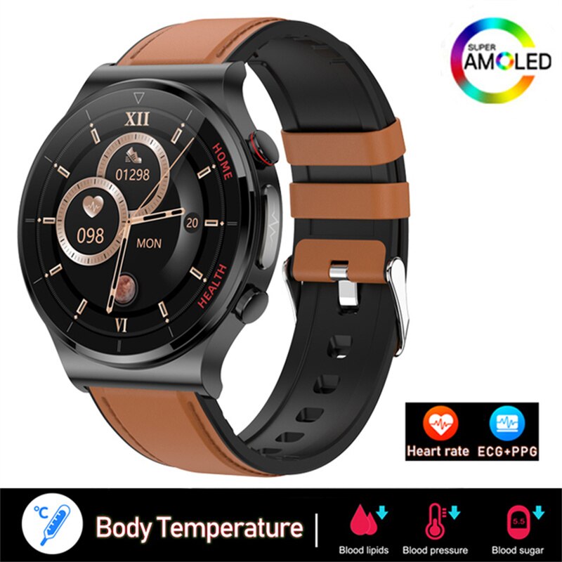 2023 Blood Glucose Smart Watch Full Touch Screen Mens ECG Monitoring Blood Pressure Body Temperature Smartwatch IP68 Waterproof