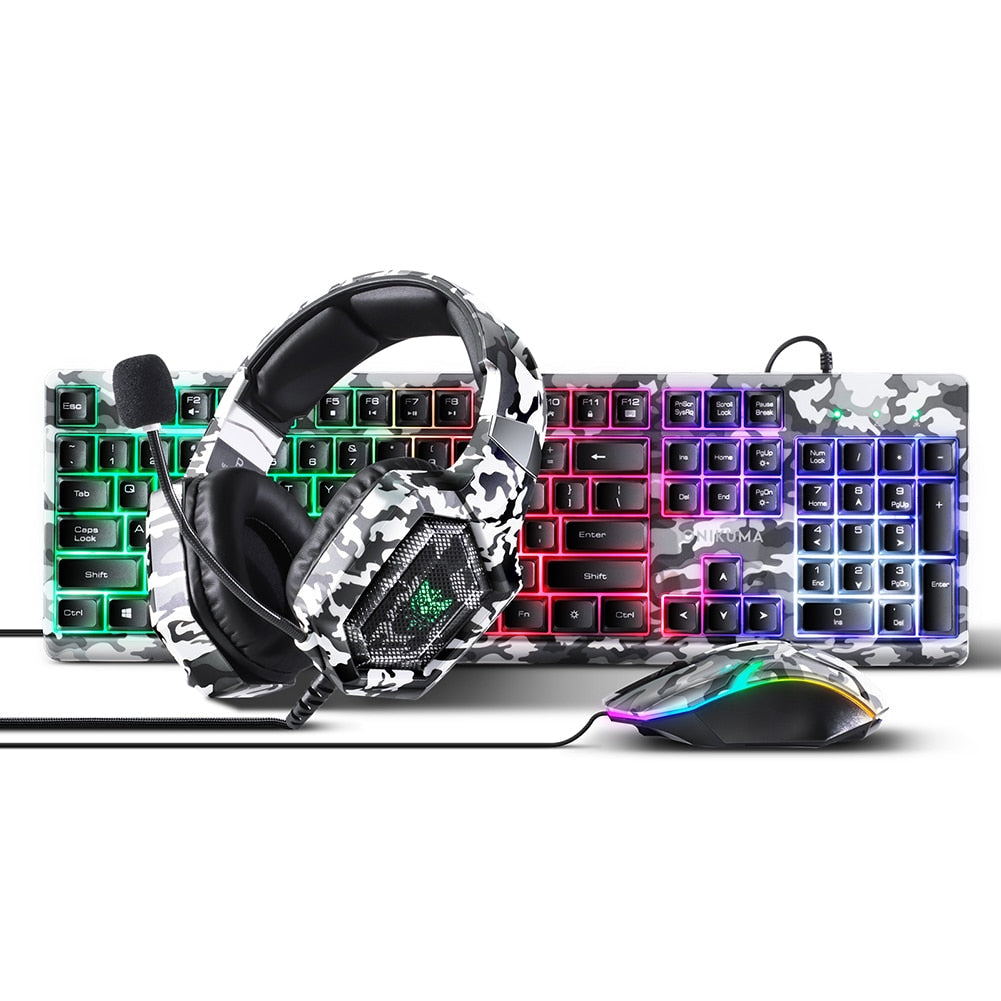 Camouflage Mouse Keyboard Headset Three Piece Set Keyboard Mouse Headset Combo with Microphone Computer Accessories for Gamer