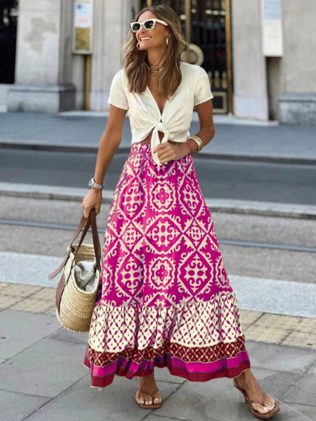 Jastie Boho Retro Floral Print Skirts Women 2023 Summer High Waist A-Line Pleated Long Skirts Casual Holiday Beach Skirt