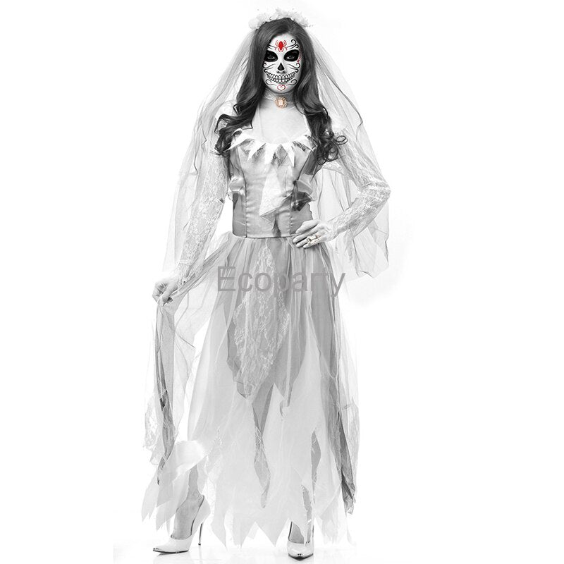 Women Halloween Horror Bride Ghost Zombie Cosplay Halloween Black White Long Sleeve Irregular Dress Masquerade Party Dress Up