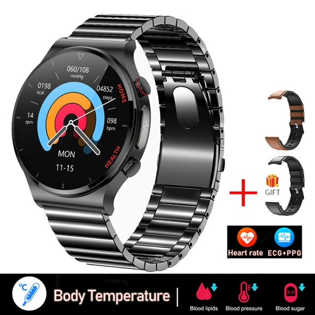 غير مؤلم غير الغازية السكر في الدم ساعة ذكية الرجال ECG PPG العلاج بالليزر الصحة ضغط الدم الرياضة Smartwatch غلوكوميترواتش