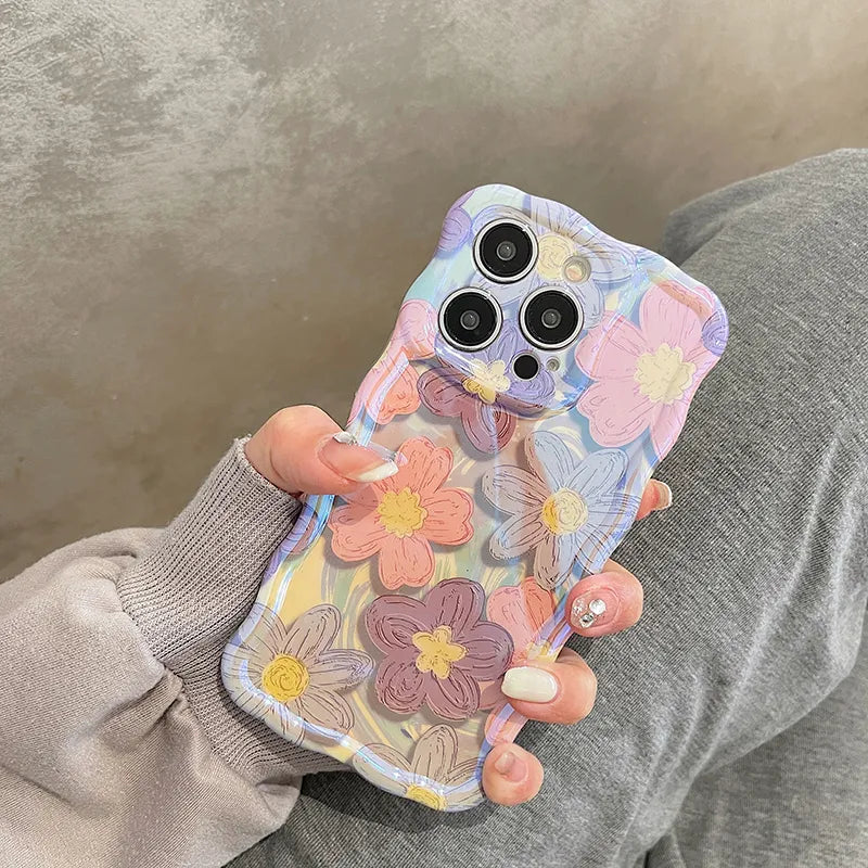 Luxury Flowers Laser Glitter iPhone Case For iPhone 14 Pro Max 13 12 11 14 Plus Fashion Soft Silicone Shockproof Bumper Cover