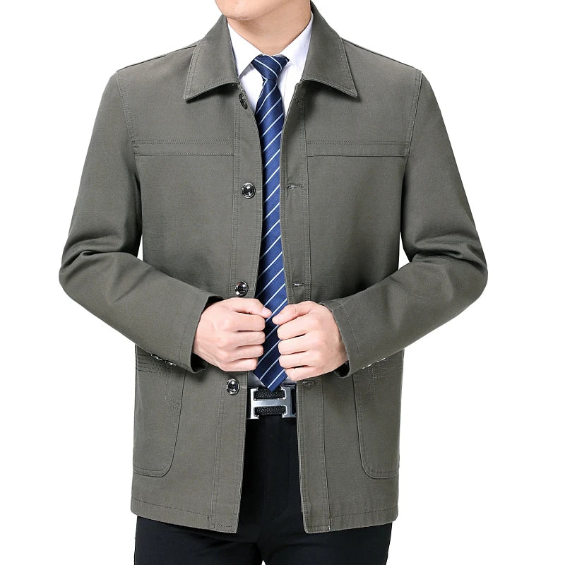 2023  Middle-aged and Old Cotton Jacket Male Dad Spring and Autumn Middle-aged Lapel Trench Coat Large Version with Buttons Coat