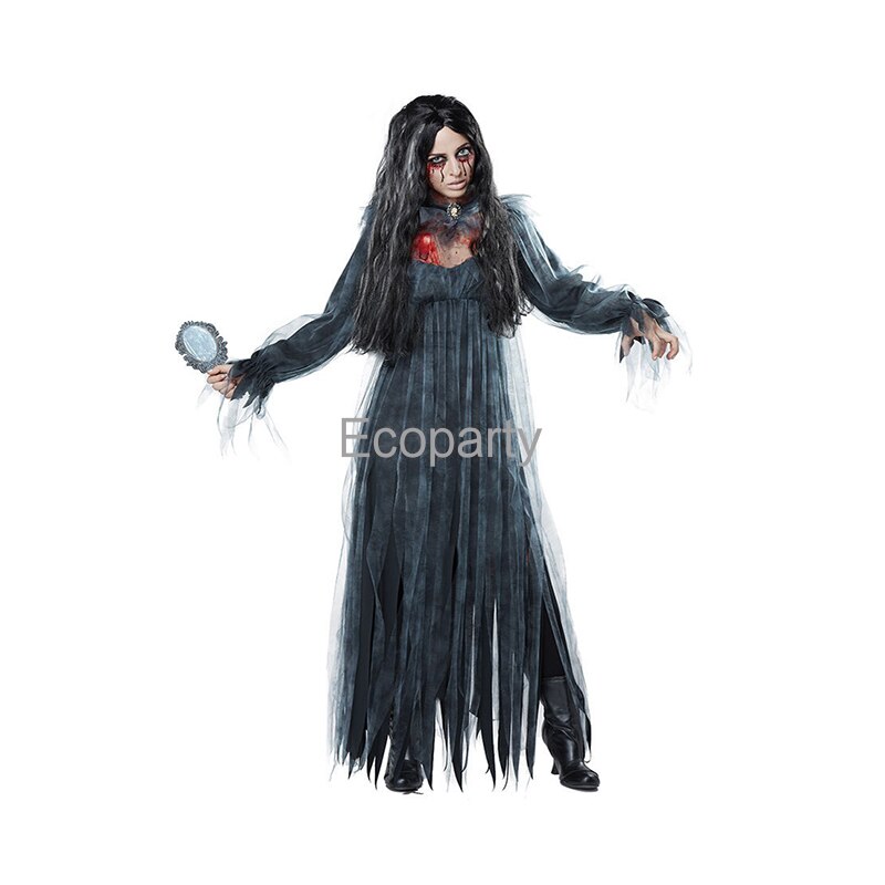 Women Halloween Horror Bride Ghost Zombie Cosplay Halloween Black White Long Sleeve Irregular Dress Masquerade Party Dress Up