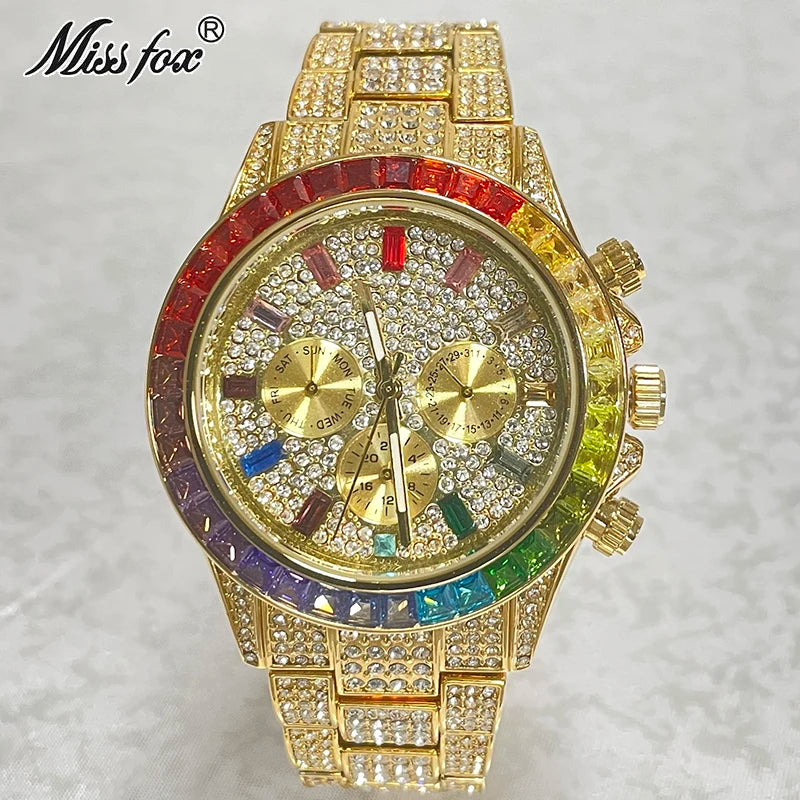 2022 Luxury Brand MISSFOX Gold Hip Hop Watches Men Fashion Rainbow Diamond Waterproof Smart Watch Full Steel Sports Clocks Male