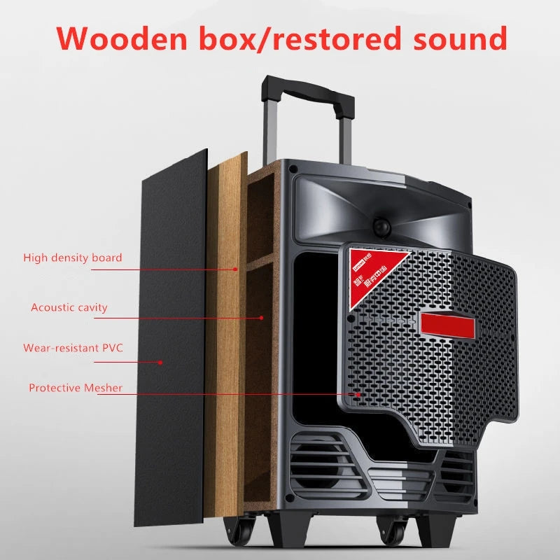 150W Powerful Outdoor Trolley Bluetooth Speakers Karaoke Wooden Wireless High Quality Subwoofer With Microphone Remote Control
