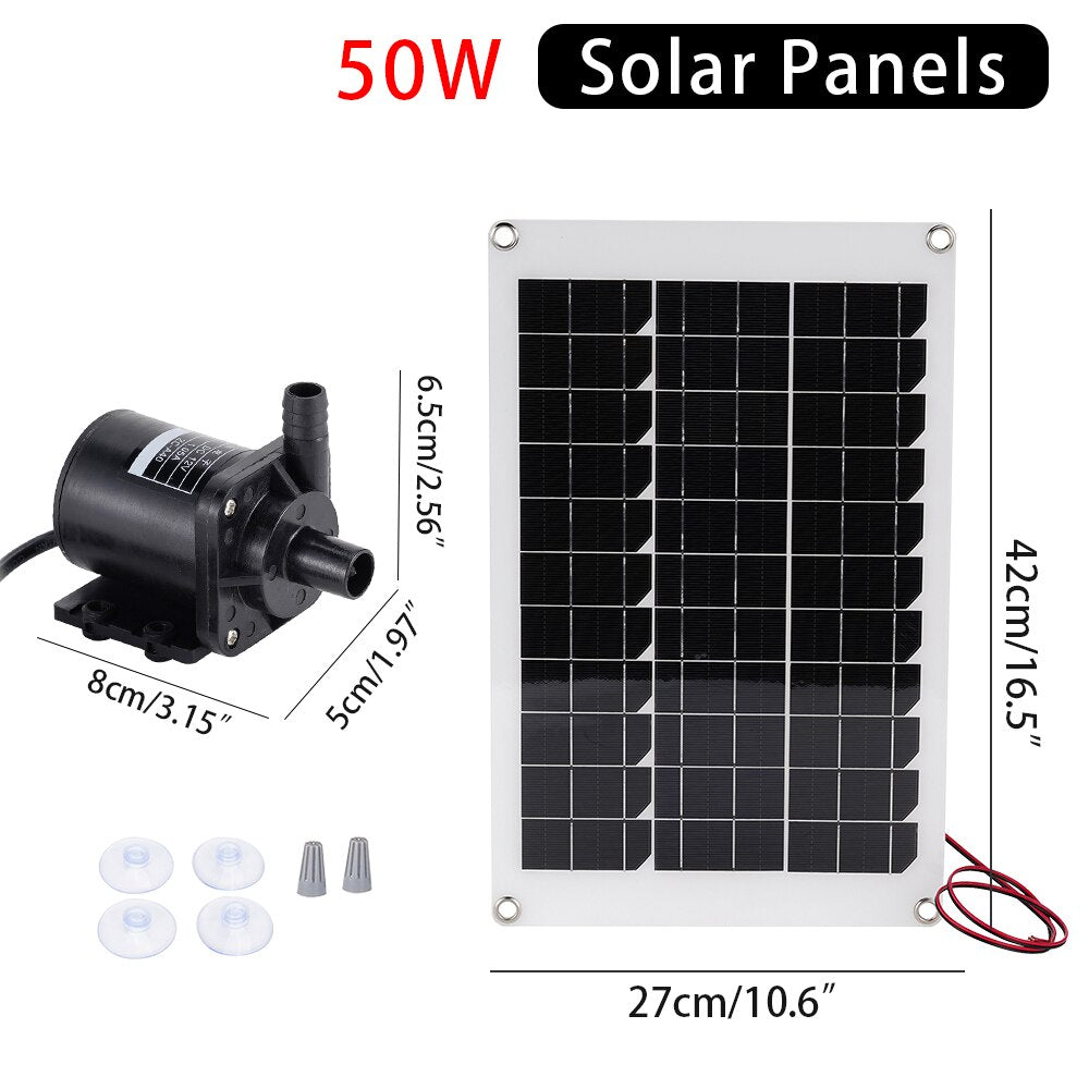 50W Solar Panel Brushless Solar Power Water Pump Set Ultra-quiet Submersible Water Sprinkler Pool Pond Garden Fountain Decor