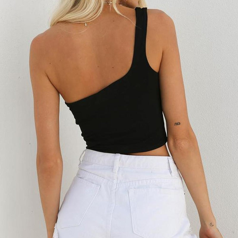 Summer Sexy Cool Single One Shoulder Tank Tops Women Fashion Camis Vest Bare Midriff Sleeveless T-Shirt Womens Beach Crop Tops
