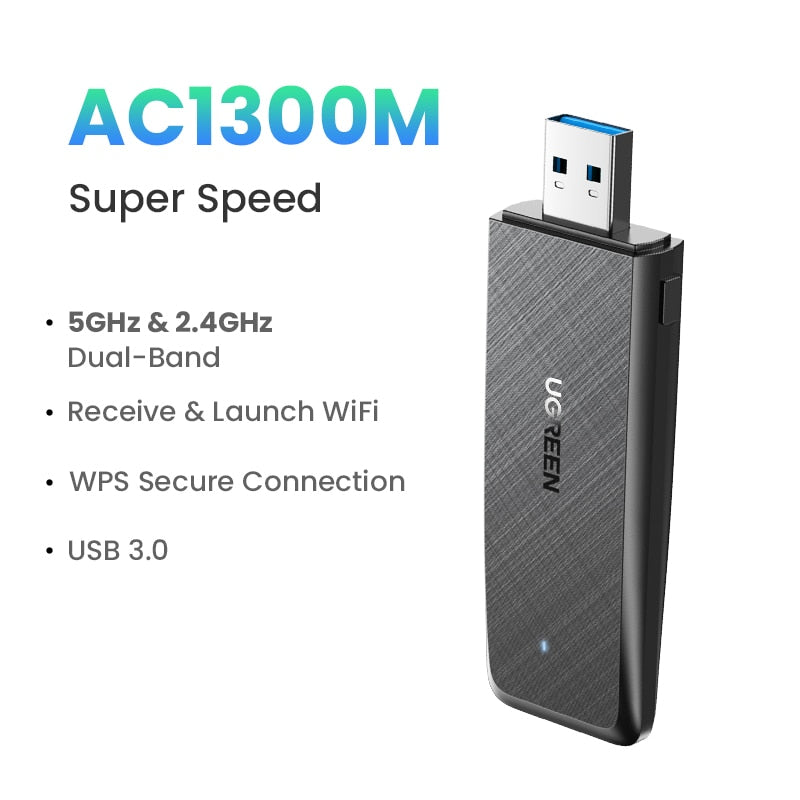 UGREEN WiFi Adapter AC1300Mbps 5.8G&amp;2.4G WiFi USB for PC Desktop Laptop Windows Linux WiFi Antenna USB3.0 Ethernet Network Card