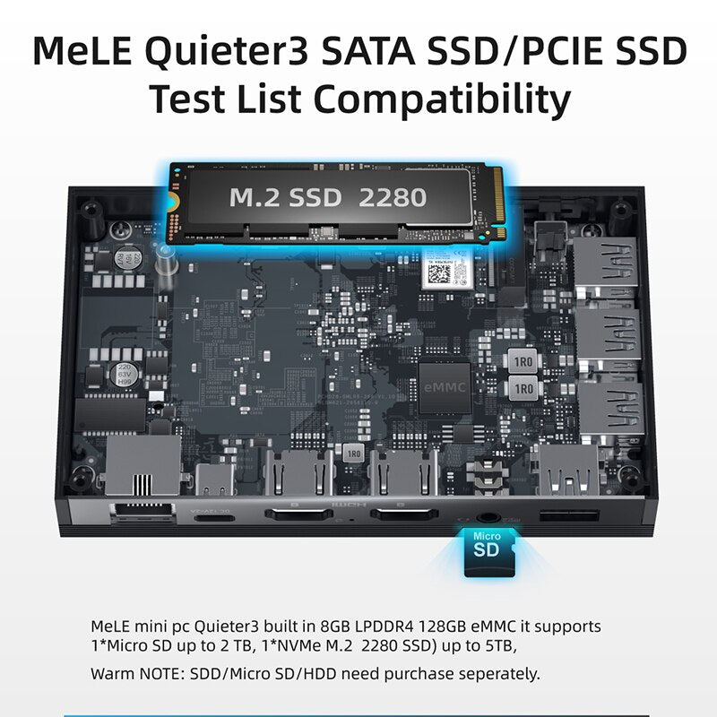 جهاز كمبيوتر صغير MeLE Quieter3 بدون مروحة معالج Intel N5105 رباعي النواة 4K Windows 11 Pro يدعم Linux Ubuntu Debian LAN Port