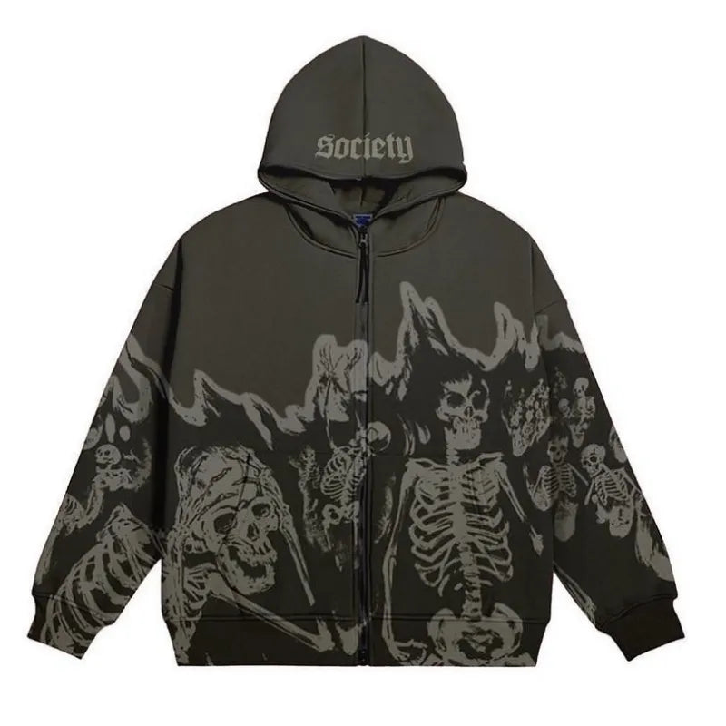 Men Anime Skull Hoodies Women Vintage Gothic Zip Up Long Sleeve Streetwear Loose Coats Harajuku Letter Print Hooded Sweatshirts