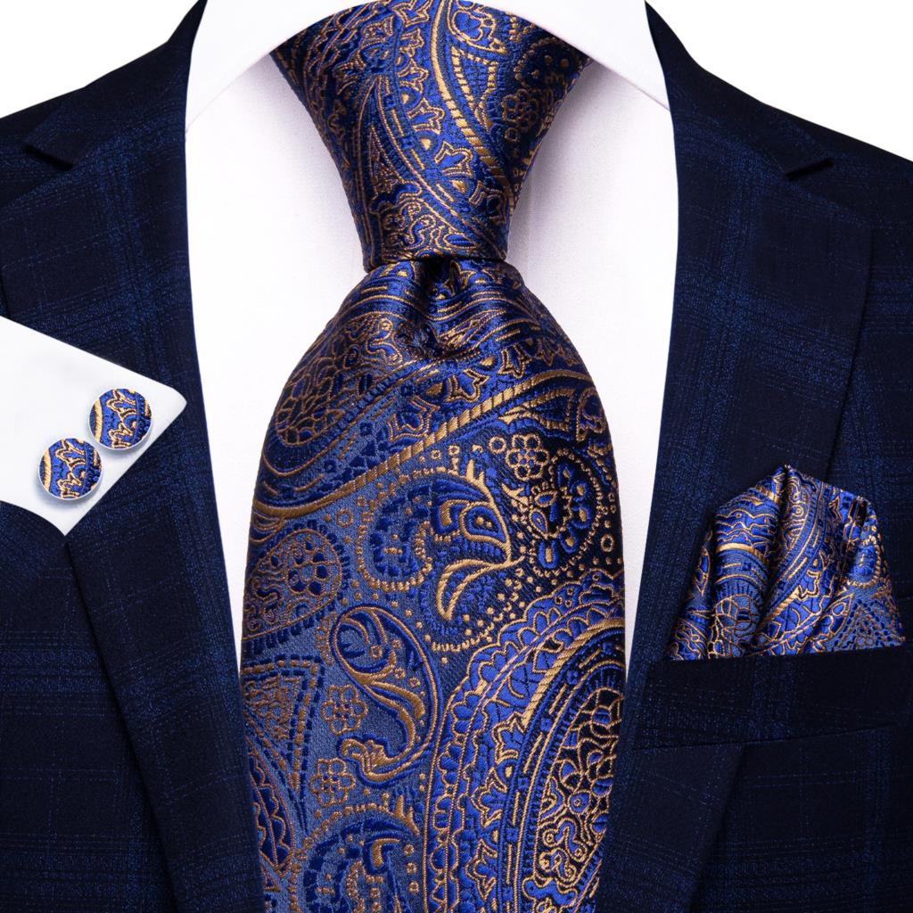 Hi-Tie 100% Silk Luxury Mens Ties Floral Black Gold Ties Paisley NeckTie Pocket Square Cufflinks Set Men&#39;s Wedding Party Tie