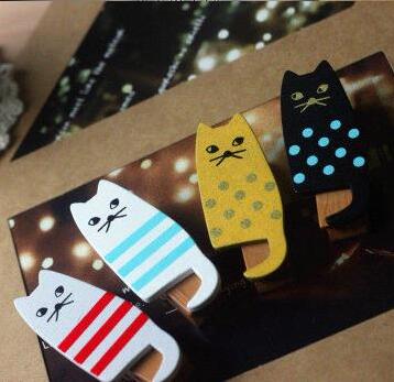 4PCS/lot  New lovely cat Wooden Clip Bag Paper Clip Special Gift Fashion wood pegs