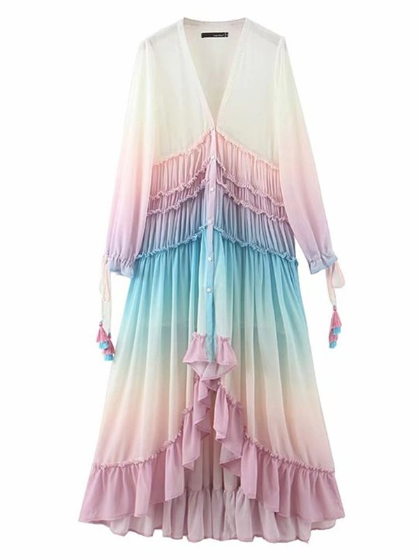 BOHO Gradient Rainbow Color Single-breasted Button Long Dress Sexy Women Holiday Wood ear Tassel Long Sleeve Ruffles Dresses