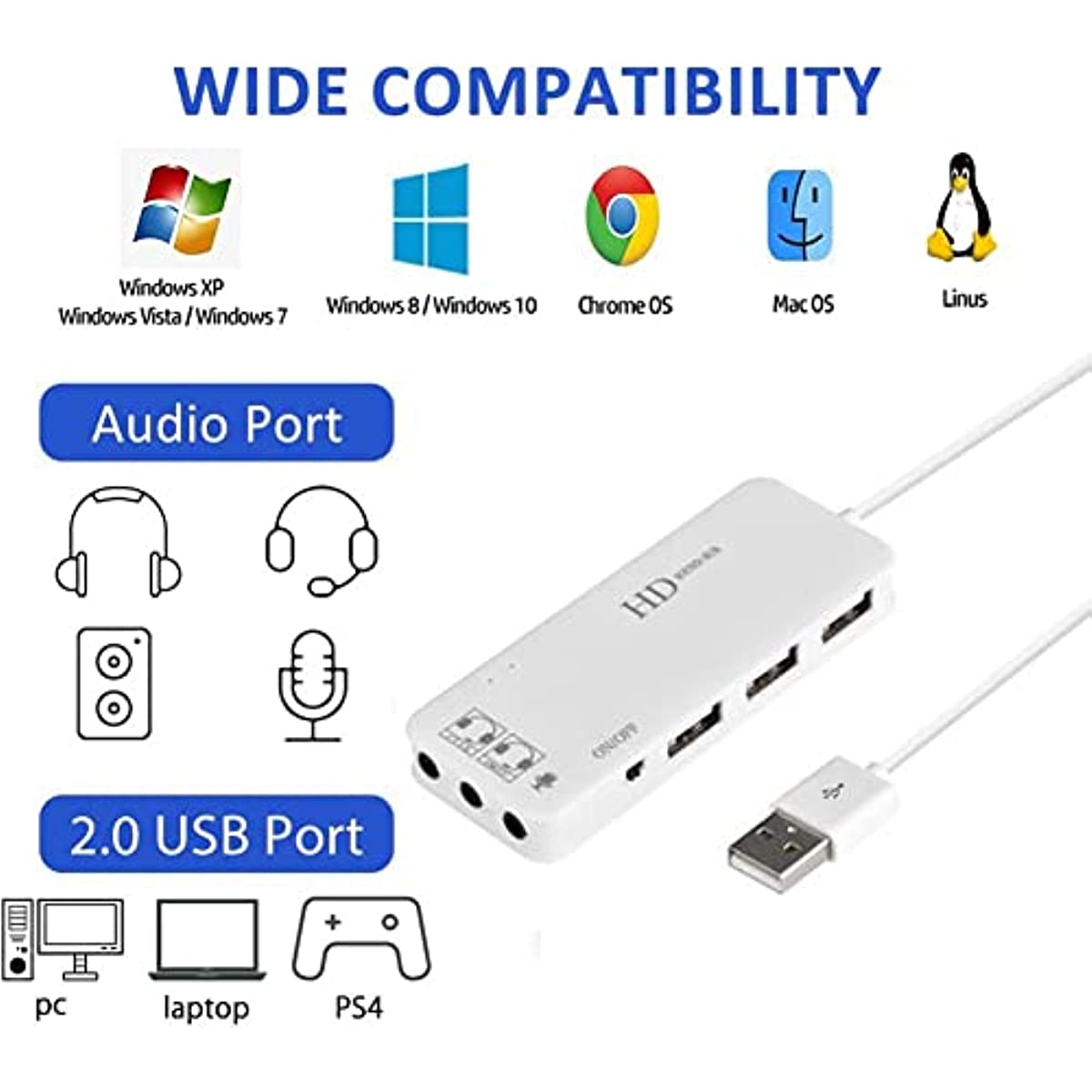 Nku USB 2.0 Hub محول الصوت بطاقة صوت ستيريو خارجية مع ميكروفون سماعة رأس 3.5 ملم لنظام التشغيل Windows Mac Linux والكمبيوتر المحمول والكمبيوتر المكتبي PS4/5