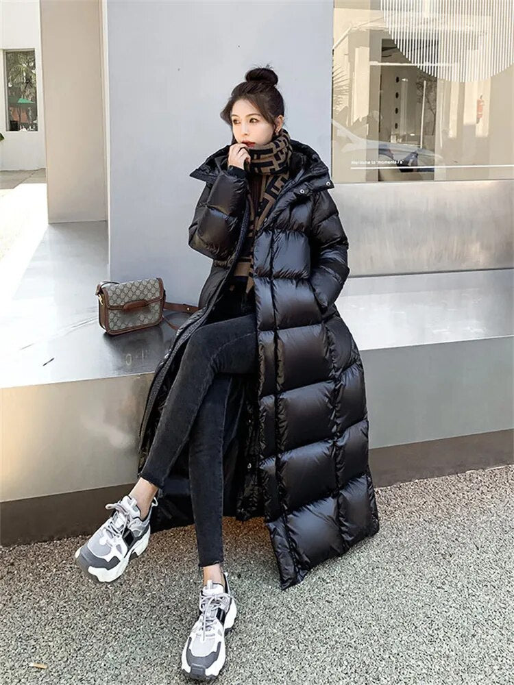 Black Long Down Jacket Women 2023 Winter New Fashion Korean Temperament Light Luxury High Quality White Duck Down Coat Clothing
