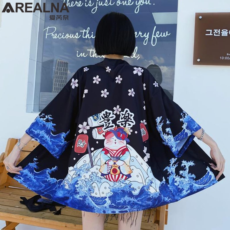 Haori Hombre Anime Kimono Women Summer Lucky Cat Cardigan Blouse Japanese Traditional Beach Sunscreen Yukata with Belt Surblouse