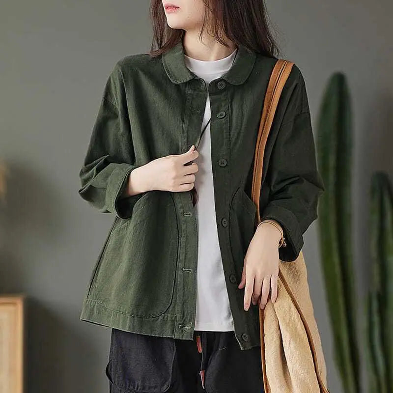 2023 Spring and Autumn Season Art Retro Simple Twill Cotton Solid Pocket Single Breasted Loose and Versatile Women's Shirt Coat