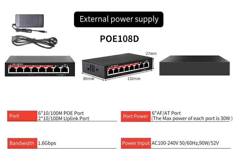 STEAMEMO SSC Series AI POE Switch 4/6/8/16 Ports Network Switch 90W Power Supply Ethernet 10/100Mbps for IP Camera Wireless AP