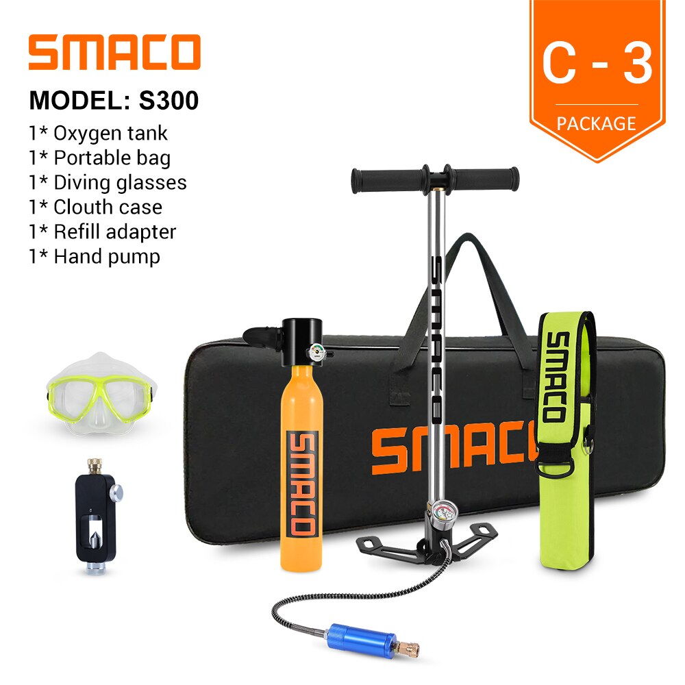 SMACO Mini Scuba Diving Tank Equipment 0.5 Litre Capacity Refillable Design portable Mini Oxygen Tank Set Respirator Hand Pump