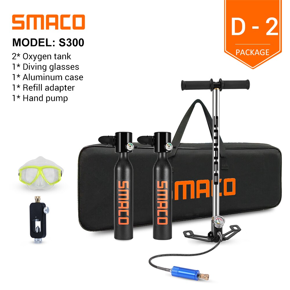 SMACO Mini Scuba Diving Tank Equipment 0.5 Litre Capacity Refillable Design portable Mini Oxygen Tank Set Respirator Hand Pump