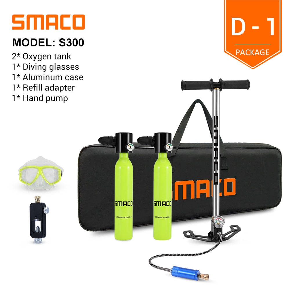 SMACO Mini Scuba Diving Tank Equipment 0.5 Litre Capacity Refillable Design portable Mini Oxygen Tank Set Respirator Hand Pump