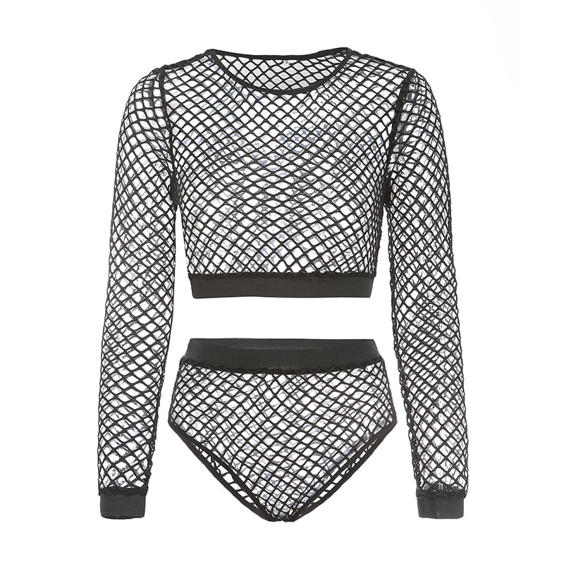 Hollow Out Stretchy Two Piece Set O Neck Fishnet Grid Full Sleeve Skinny Crop Top High Cut Panties Rave Festival 2 Piece Sets