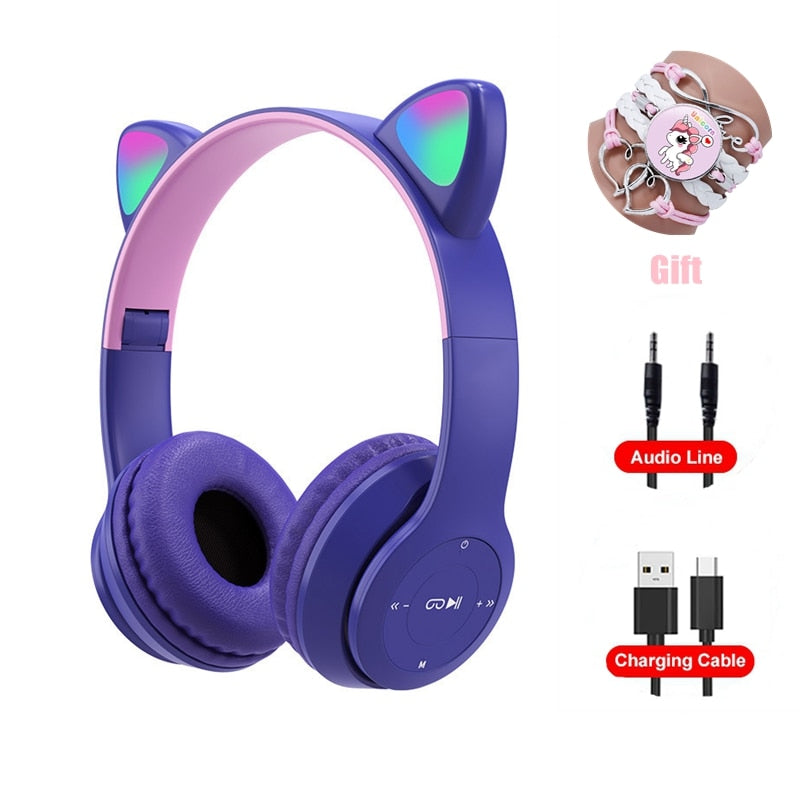 Pink Girl Wireless Headphones RGB Cute Cat Ears Headset With Microphone Noise Cancelling Kid Stereo Music casco Children&#39;s Gifts