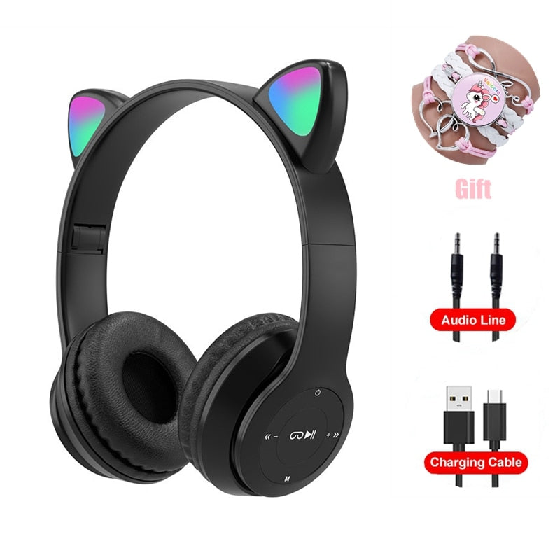 Pink Girl Wireless Headphones RGB Cute Cat Ears Headset With Microphone Noise Cancelling Kid Stereo Music casco Children&#39;s Gifts