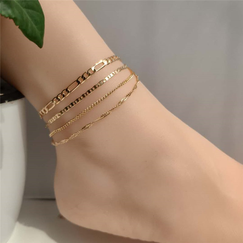 4 PCS/Set Simple Figaro Chain Anklets for Women Fashion Gold Silver Color Ankle Bracelet on Leg 2021 Bohemian Beach Foot Jewelry