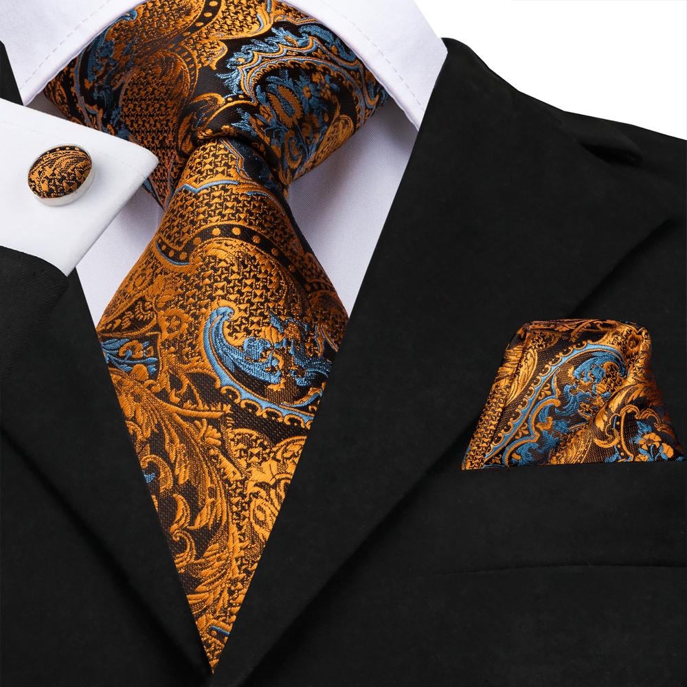 Hi-Tie 100% Silk Luxury Mens Ties Floral Black Gold Ties Paisley NeckTie Pocket Square Cufflinks Set Men&#39;s Wedding Party Tie