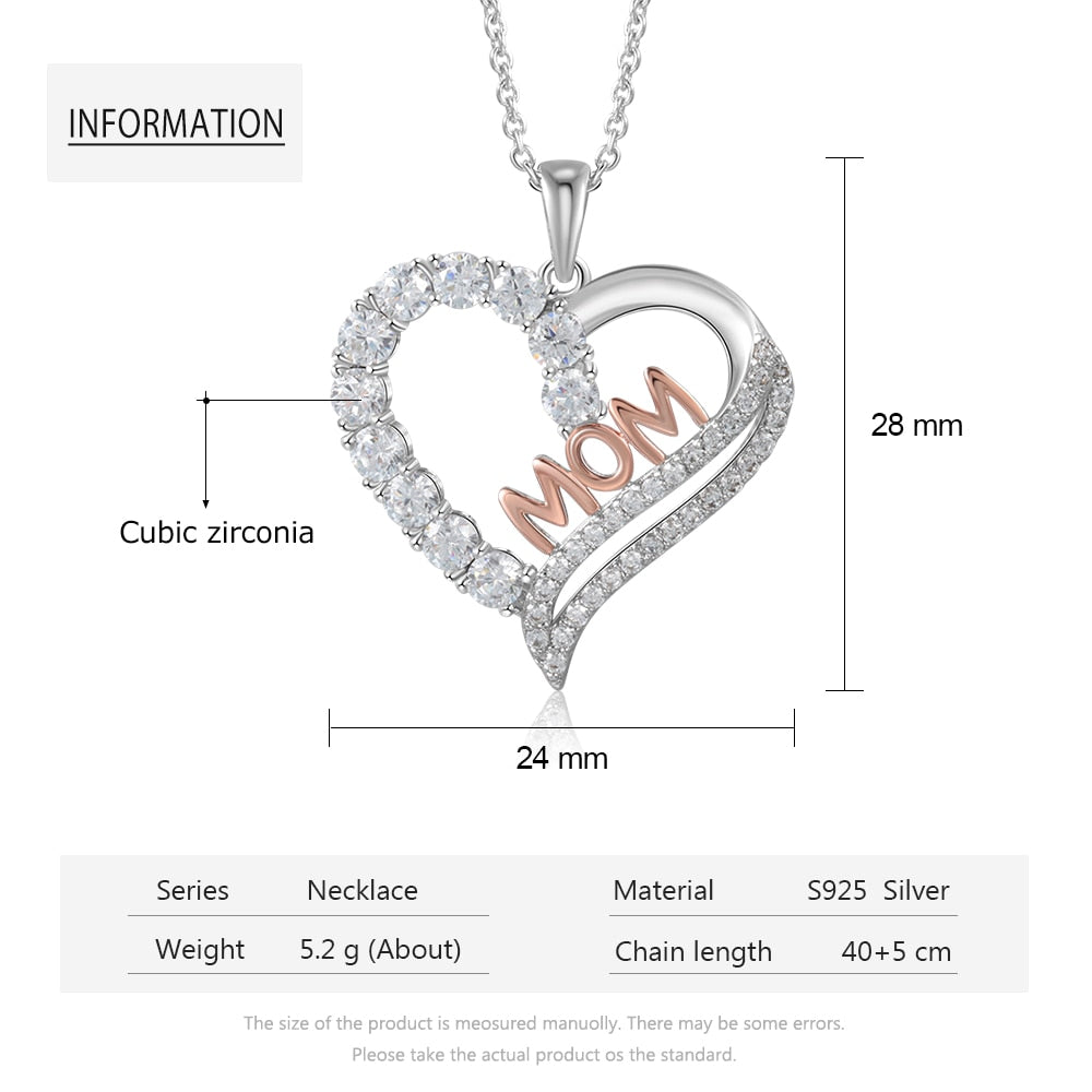 Genuine 925 Sterling Silver Women Necklaces Letter MOM Heart Shape CZ Necklaces Mother&#39;s Day Gift Fine Jewelry (Lam Hub Fong)